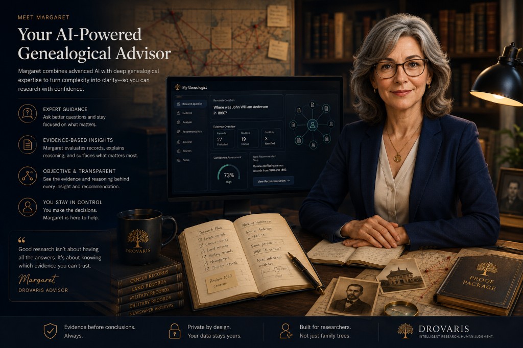 Illustration introducing Margaret, the AI-powered Drovaris Advisor, in a research study beside a My Genealogist evidence dashboard, emphasizing guidance with the researcher in control.